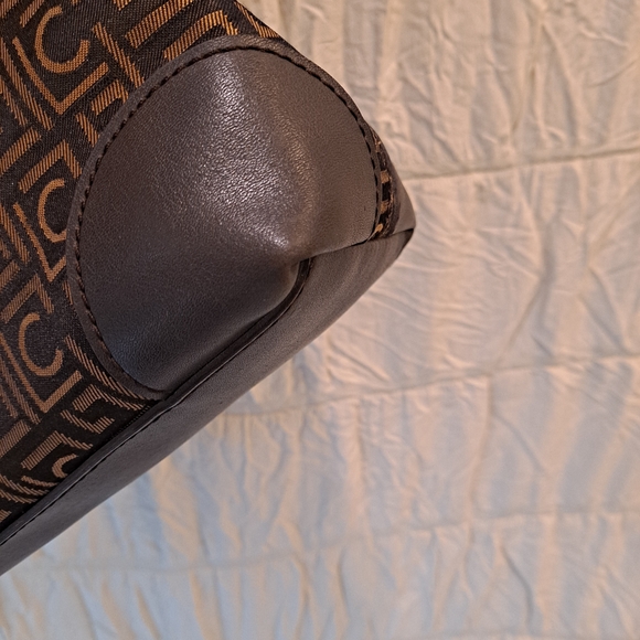 Liz Claiborne Vintage Cotton Canvas Fabric Tan Brown Monogram Shoulder Satchel - Picture 11 of 15